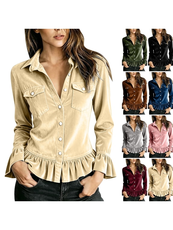 Collared Shirts Women Velvet Long Sleeve Ruffle Hem Flare Cuff Casual Tops Beige S