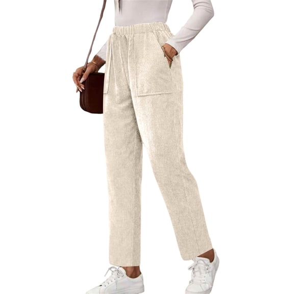 WULMLEO Corduroy Pants for Older Women Elastic High Waisted Pull On Soft Comfortable Loose Fit Slacks with Pockets Beige M