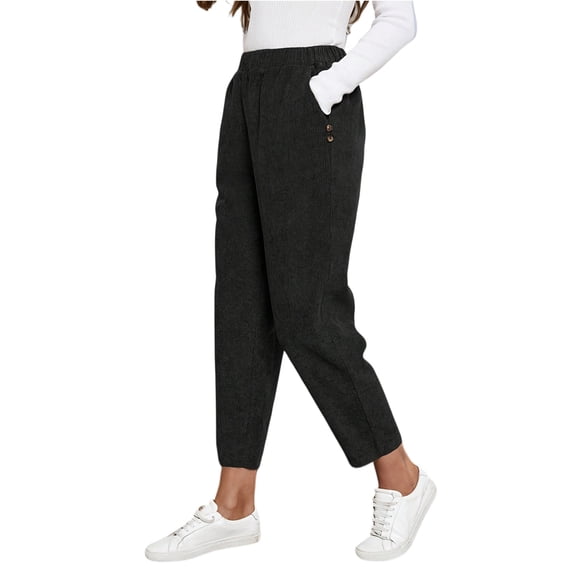 WULMLEO Corduroy Pants for Older Women Elastic High Waisted Pull On Soft Comfortable Loose Fit Slacks with Pockets Black M