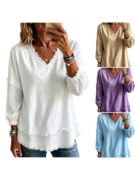 Cotton Boho Tops for Women Dressy 2026 Fall Fringe Gauze Shirts 3/28 Sleeve Top Vacation Linen Blouses White XL