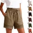 thumbnail image 1 of WULMLEO Cotton Linen Shorts for Women Drawstring Elastic Waist Short Pants Flowy Lace Trim Shorts Summer Beach Short Pants Light Brown M, 1 of 5