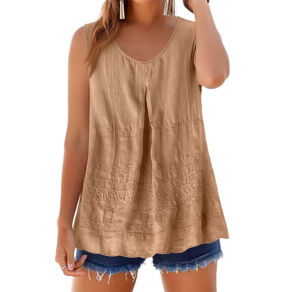WULMLEO Cotton Linen Tank Tops for Womens Summer Sleeveless Crewneck Blouse Casual Solid Color Loose Outdoor Basic Shirt Khaki L