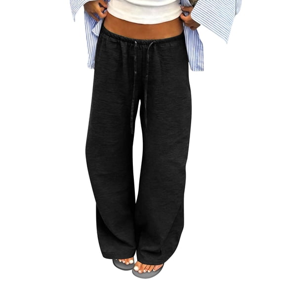 WULMLEO Cotton Linen Wide Leg Pants for Women Flowy Summer Beach Palazzo Bottoms Elastic Waist Vacation Travel Trousers with Pockets Black S