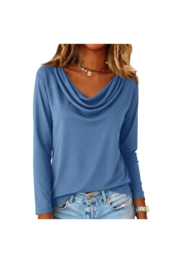 Cowl Neck Tops for Women Trendy Draped Tunic Cute Long Sleeve Tops Loose Fit Elegant T Shirt Dressy Casual Blouses Blue 2XL