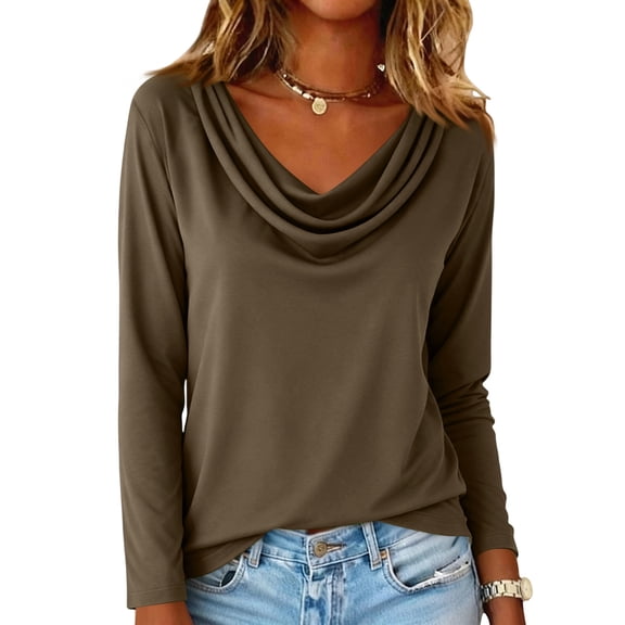 WULMLEO Cowl Neck Tops for Women Trendy Draped Tunic Cute Long Sleeve Tops Loose Fit Elegant T Shirt Dressy Casual Blouses Brown L