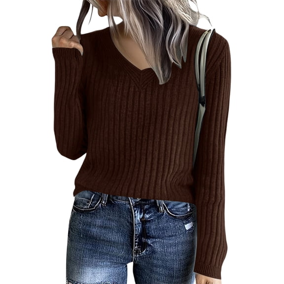 WULMLEO Cozy Sweaters for Women Casual Long Sleeve Loose V-Neck Knit Solid Color Pullover Tops Coffee One Size