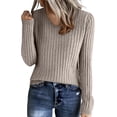 thumbnail image 1 of WULMLEO Cozy Sweaters for Women Casual Long Sleeve Loose V-Neck Knit Solid Color Pullover Tops Khaki One Size, 1 of 6