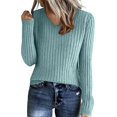thumbnail image 1 of WULMLEO Cozy Sweaters for Women Casual Long Sleeve Loose V-Neck Knit Solid Color Pullover Tops Turquoise One Size, 1 of 6