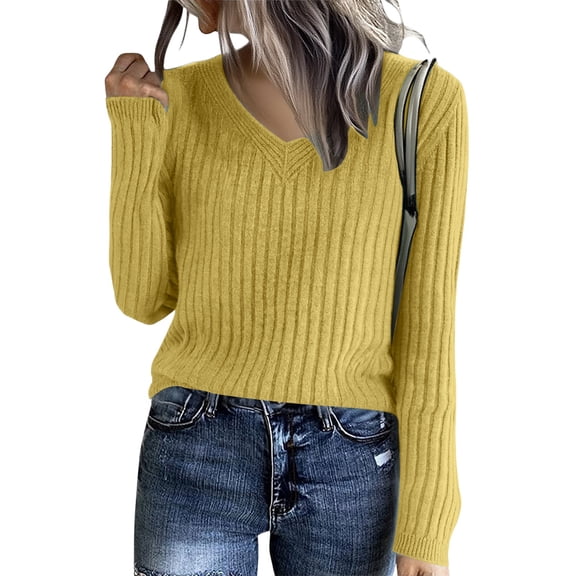 WULMLEO Cozy Sweaters for Women Casual Long Sleeve Loose V-Neck Knit Solid Color Pullover Tops Yellow One Size