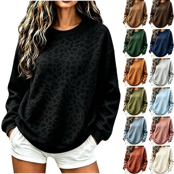 WULMLEO Crew Neck Sweatshirt Women Oversized Long Sleeve Leopard Pullover Tops Black M