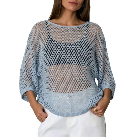 WULMLEO Crochet Tops for Women Summer Beach Swim Cover Ups Knit Beach Cover Up Short Sleeve Hollow Out Shirts Blue M