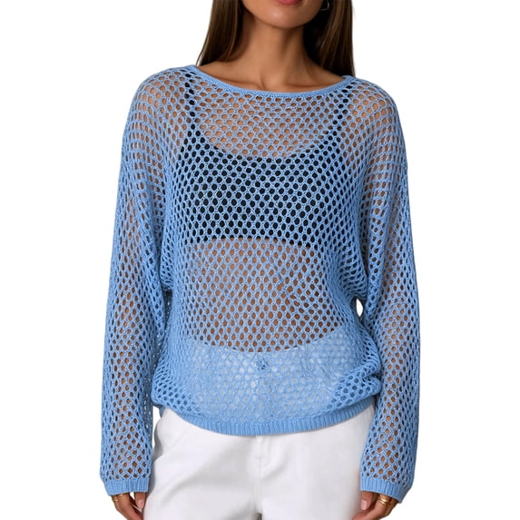 WULMLEO Crochet Tops for Women Summer Beach Swim Cover Ups Knit Beach Cover Up Short Sleeve Hollow Out Shirts Blue M