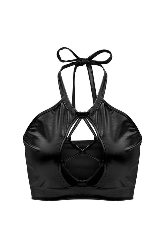 Crop Top Shiny Keyhole Bra for Dancing, Raves, Festivals, Costumes Black L