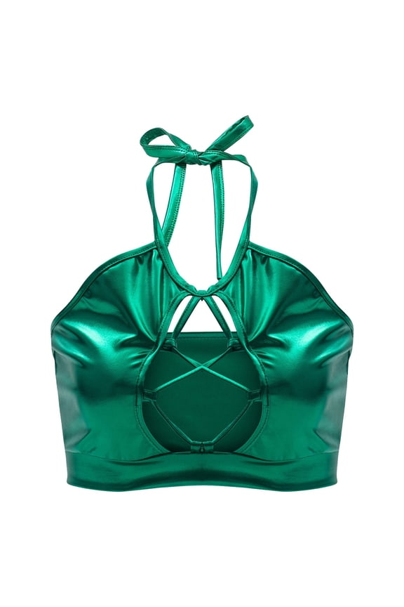 Crop Top Shiny Keyhole Bra for Dancing, Raves, Festivals, Costumes Dark Green M