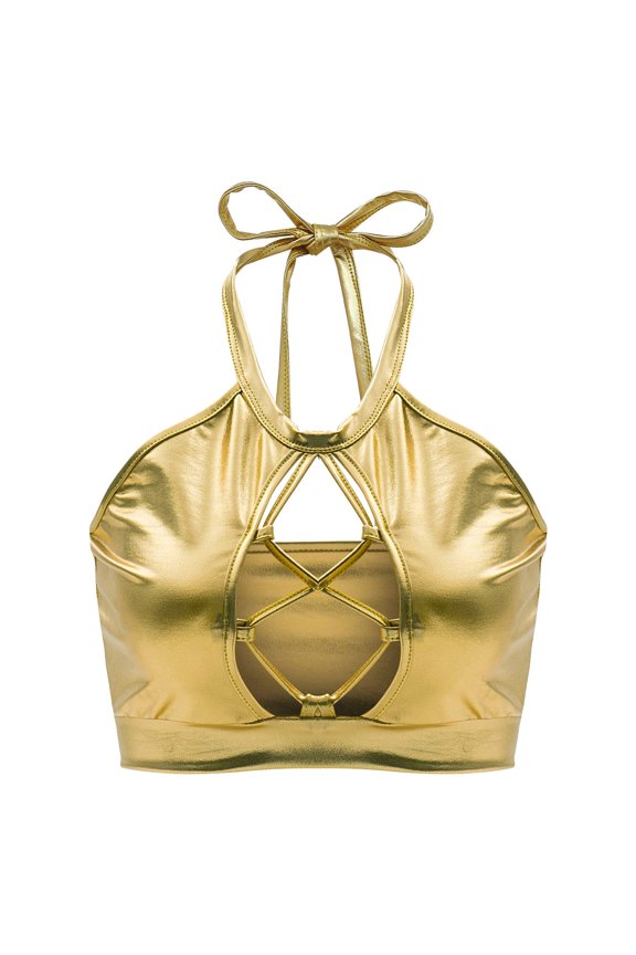 Crop Top Shiny Keyhole Bra for Dancing, Raves, Festivals, Costumes Gold 2XL