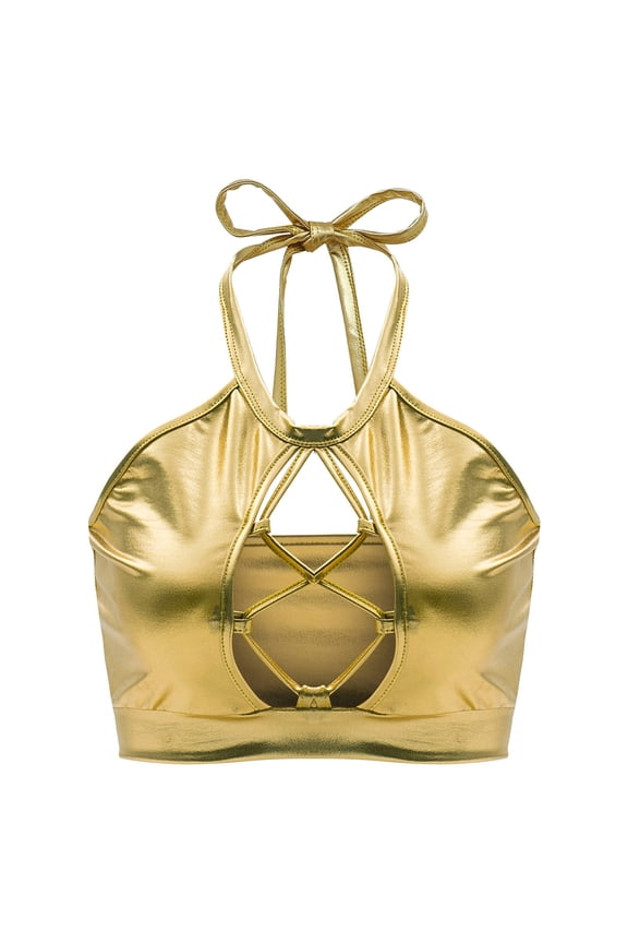 Crop Top Shiny Keyhole Bra for Dancing, Raves, Festivals, Costumes Gold XL