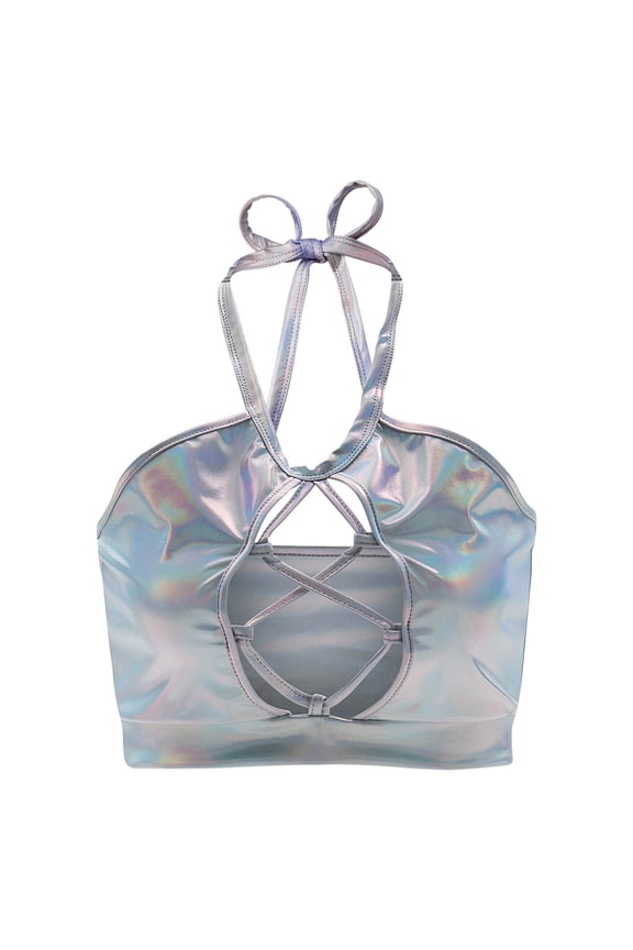 Crop Top Shiny Keyhole Bra for Dancing, Raves, Festivals, Costumes Light Gray S