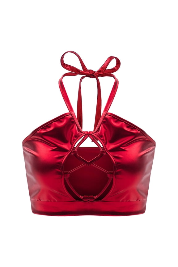 Crop Top Shiny Keyhole Bra for Dancing, Raves, Festivals, Costumes Red 2XL