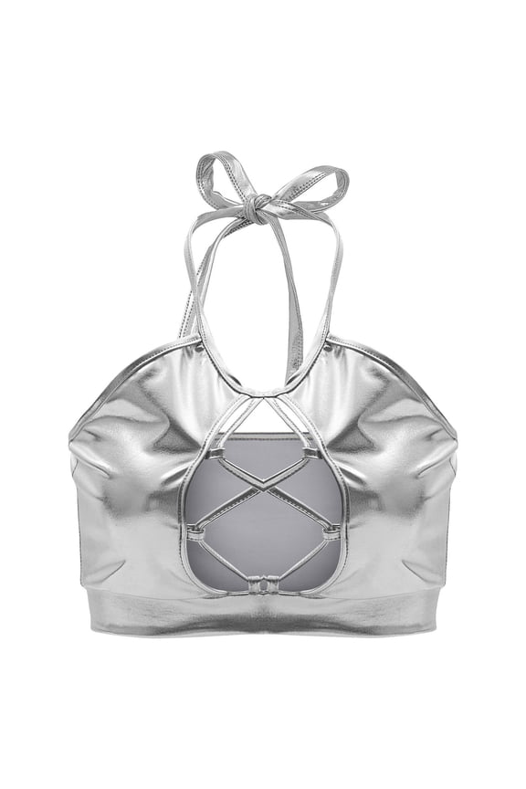 Crop Top Shiny Keyhole Bra for Dancing, Raves, Festivals, Costumes Silver 2XL
