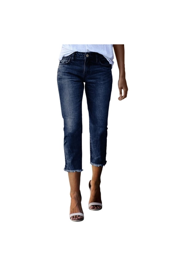 Capri Jeans for Women Hem Mid Rise Skinny Distressed Denim Butt Lifting Jeggings with Pockets Dark Blue 2XL