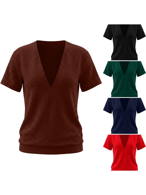 Deep V Neck T-Shirt for Men Slim Fit Muscle Tee Shirts Summer Casual Low Cut Stretch Workout Tops Coffee L