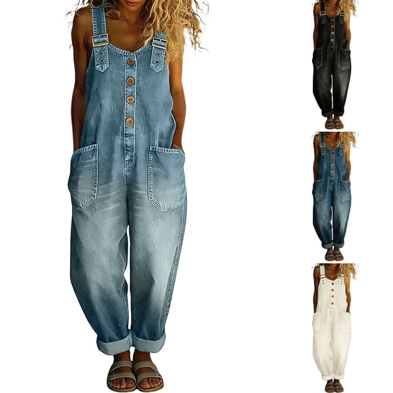 WULMLEO Denim Jumpsuit Women Vintage Y2k Button Front Wide Leg One Piece Romper Casual Plus Size 2026 loose Fit Overalls with Pockets Light Blue 5XL