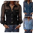 thumbnail image 1 of WULMLEO Denim Shirt Women Button Down Mesh Collared Long Sleeve V Neck Jean Shirts Black 2XL, 1 of 7