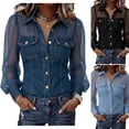 thumbnail image 1 of WULMLEO Denim Shirt Women Button Down Mesh Collared Long Sleeve V Neck Jean Shirts Dark Blue M, 1 of 7