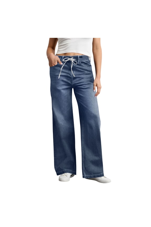 Drawstring Jeans Women Baggy Stretchy High Waisted Jeans with Pockets Fall Flowy Boyfriend Wide Leg Denim Pants Blue L