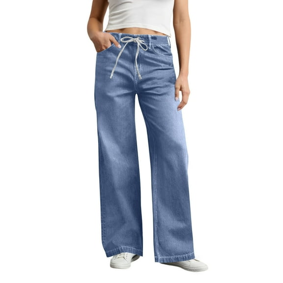 WULMLEO Drawstring Jeans Women Baggy Stretchy High Waisted Jeans with Pockets Fall Flowy Boyfriend Wide Leg Denim Pants Light Blue M