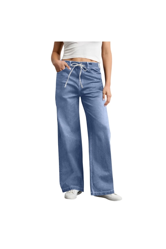 Drawstring Jeans Women Baggy Stretchy High Waisted Jeans with Pockets Fall Flowy Boyfriend Wide Leg Denim Pants Light Blue XL