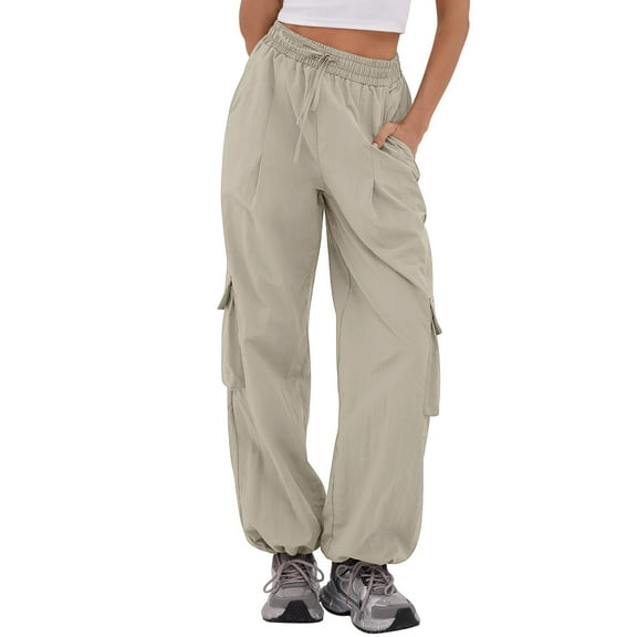 WULMLEO Drawstring Wide Leg Cargo Pants Women Baggy, Elastic Waist Pants Y2K Dance Hip Pop Pants Khaki 2XL