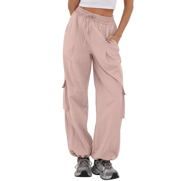 WULMLEO Drawstring Wide Leg Cargo Pants Women Baggy, Elastic Waist Pants Y2K Dance Hip Pop Pants Pink L