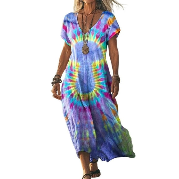 WULMLEO Dresses for Women Plus Size Tie Dye Batwing Sleeve Caftans Swimsuit Coverup Maxi Dress Loungewear Blue S