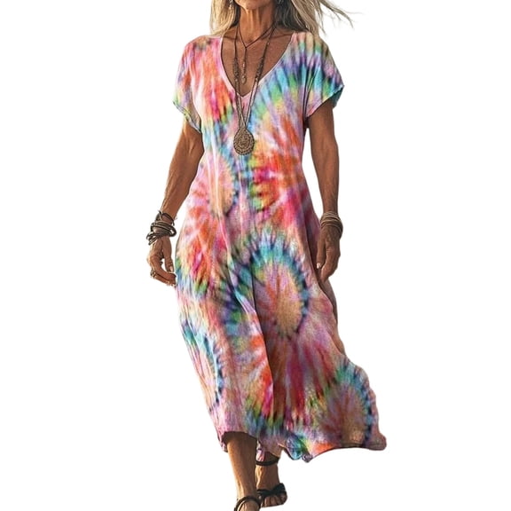WULMLEO Dresses for Women Plus Size Tie Dye Batwing Sleeve Caftans Swimsuit Coverup Maxi Dress Loungewear Light pink 2XL
