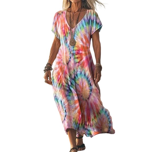 WULMLEO Dresses for Women Plus Size Tie Dye Batwing Sleeve Caftans Swimsuit Coverup Maxi Dress Loungewear Light pink L