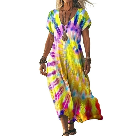 WULMLEO Dresses for Women Plus Size Tie Dye Batwing Sleeve Caftans Swimsuit Coverup Maxi Dress Loungewear Yellow M