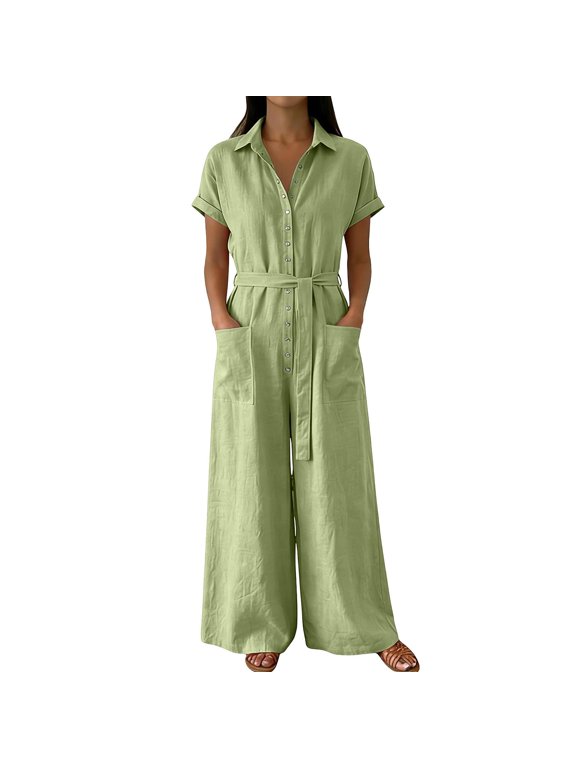 Dressy Jumpsuits for Women Button Down Loose Lapel Romper One Piece Business Casual jumpsuit with Pockets Green 2XL
