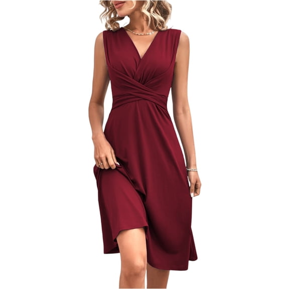 WULMLEO Elegant Office Dress for Women Sleeveless V Neck Work Business Dresses Ruched Bodycon Wrap Summer Trendy Outfits Wine L