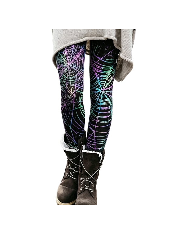 Fall Halloween Women Stretch Leggings, High‑Waist Mismatched Asymmetric Print, Pumpkin Ghost Spider Skeleton Gothic Graphic Party & Daily Wear Pants Light Purple 2XL