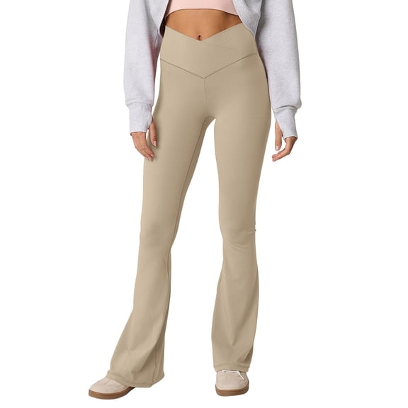 WULMLEO Flare Leggings for Women: Crossover High Waist & Tummy Control Yoga Pants with Back Pockets - Workout Casual Wear Beige 2XL
