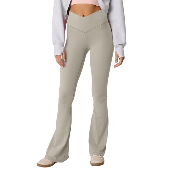WULMLEO Flare Leggings for Women Stretchy Soft Tummy Control Gym Workout Yoga Pants Crossover High Waisted Bootcut Pant Khaki S