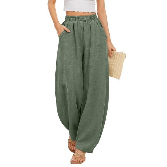 WULMLEO Flowy Pants for Women Linen Wide Leg Trousers with Elastic Waist Casual Pants with Pockets for Beach or Travel Army Green M