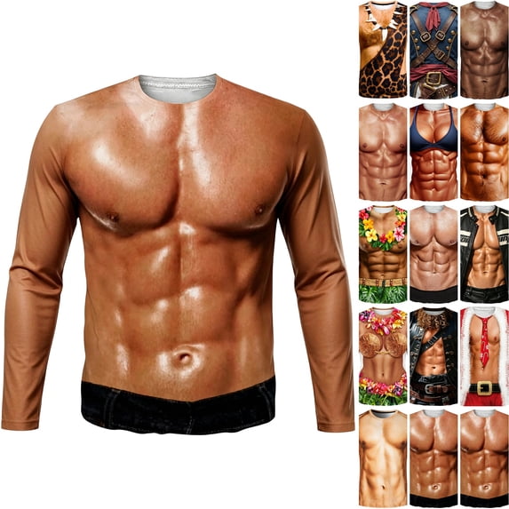 WULMLEO Funny 3D Fake Muscle Graphic Crew Neck Long Sleeve T Shirts for Men Costume Fashion Party Shirts Gray XL