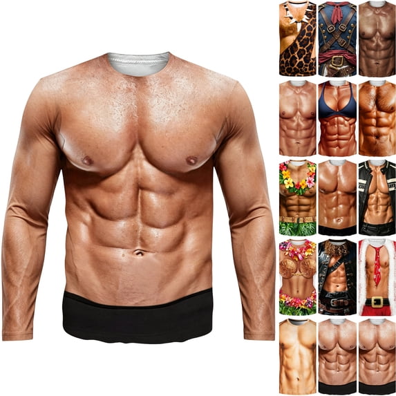 WULMLEO Funny 3D Fake Muscle Graphic Crew Neck Long Sleeve T Shirts for Men Costume Fashion Party Shirts Khaki M