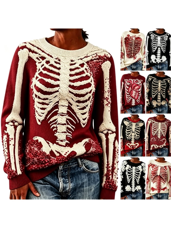 Halloween Casual Knit Sweater For Women Plus Size Skeleton Crew Neck Pullover Tops Red 4XL