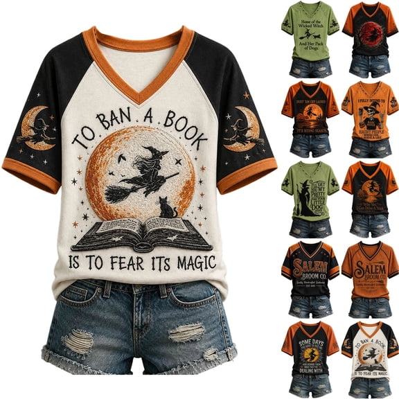 WULMLEO Halloween Casual T Shirts Womens V Neck Short Sleeve Wicked Witch Print Top White L