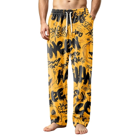 WULMLEO Halloween Funny Pants Men Corduroy Printed Graphic Pumpkin Wide Leg Drawstring High Waisted Fall Trousers Casual Stretchy Skeleton Pajamas with Pockets Earthy Yellow L