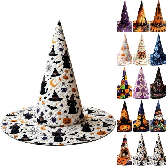 WULMLEO Halloween Hats for Women Assorted Quilted Witch Hats Varied Seasonal Prints Classic Pointed Wide Brim Cosplay Party Accessory H One Size