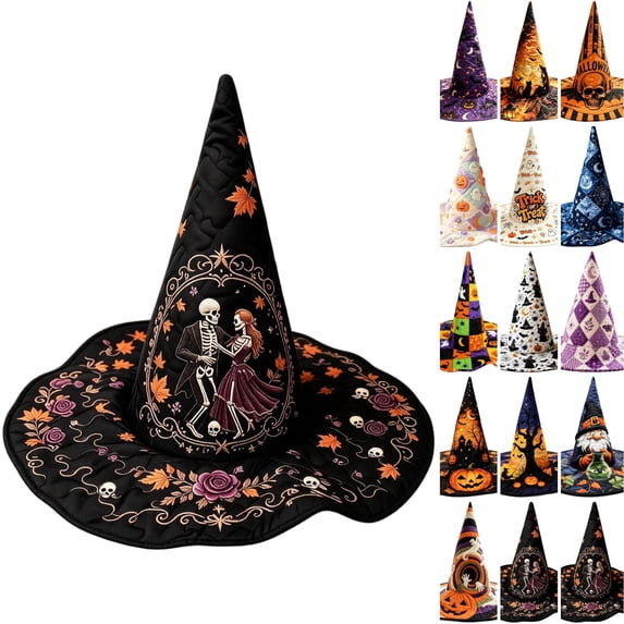 WULMLEO Halloween Hats for Women Assorted Quilted Witch Hats Varied Seasonal Prints Classic Pointed Wide Brim Cosplay Party Accessory J One Size